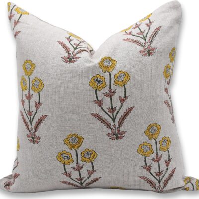 Block Print Thick Linen 18X18 Throw Pillowcase Cushion Cover, Outdoor Decorative for Sofa and Couch, Fall Decoration, Floral Handloom Printed with Boho Home Décor, Amitabh, Yellow