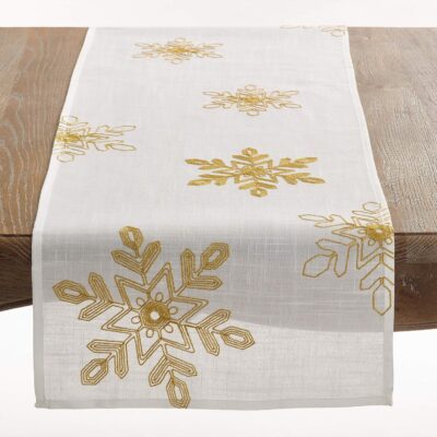 SARO LIFESTYLE 70197.GL1670B Nivalis Collection Embroidered Snowflakes Table Runner, 16" x 70", Gold