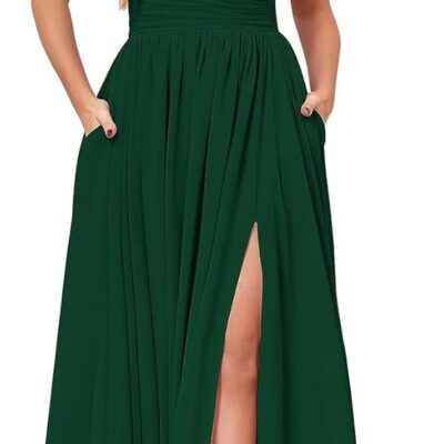 Women's Off Shoulder Bridesmaid Dress with Slit Chiffon Pleated Long Formal Dress with Pockets