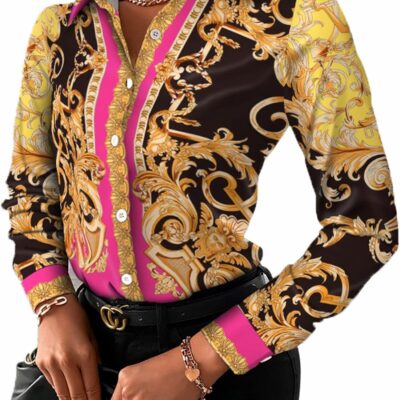 Buchona Outfits for Women Collar Blouses Button Down Shirts Colorful Long Sleeve Floral Print Tops Loose Sexy T-Shirts