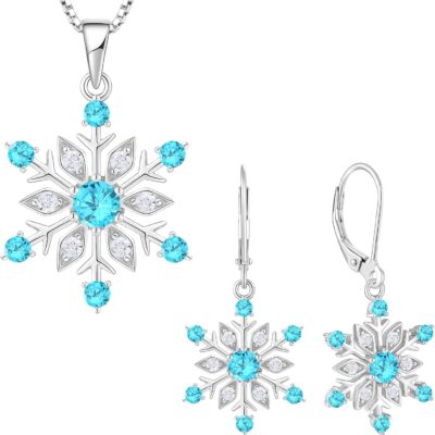 Snowflake Jewelry Set for Women 925 Sterling Silver Dangle Earrings and Pendant Necklace Winter Christmas Created Aquamarine Jewelry