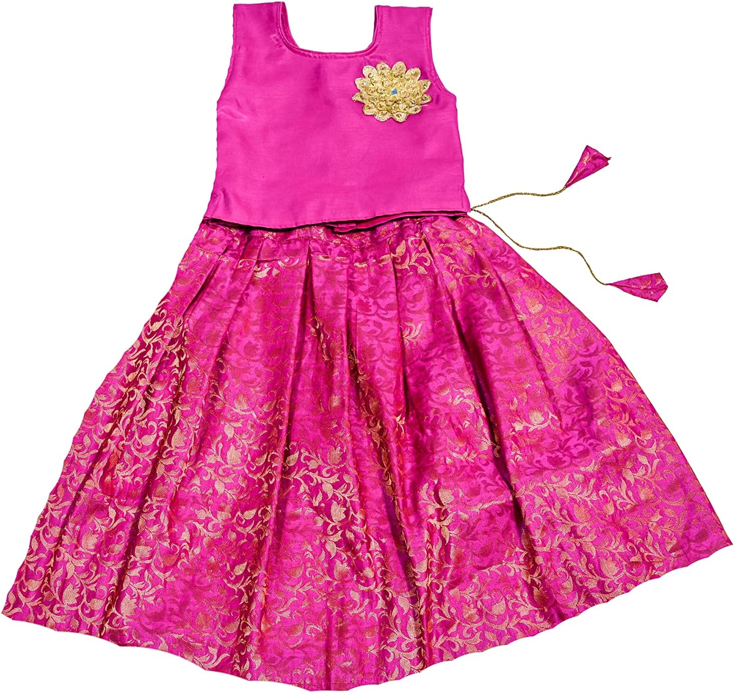 TRADITION INDIAGreen Dupion & Brocade Silk Lehenga Choli Set, Kids Lehenga Choli Set, Sleeveless Lehenga Choli