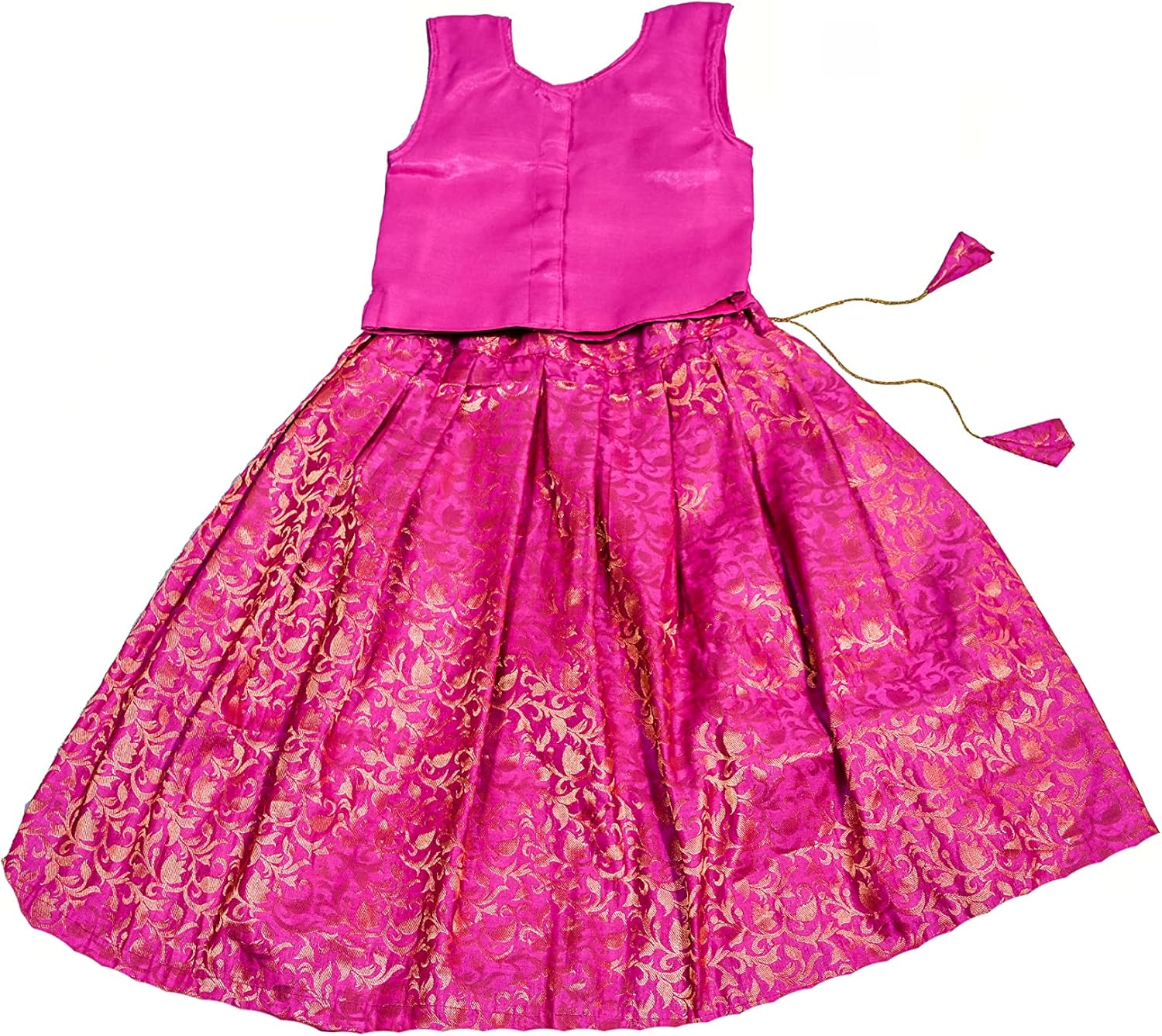 TRADITION INDIAGreen Dupion & Brocade Silk Lehenga Choli Set, Kids Lehenga Choli Set, Sleeveless Lehenga Choli - Image 3