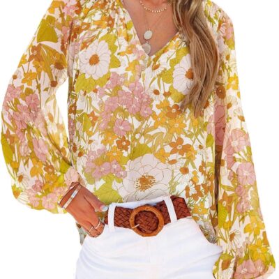 BTFBM Women Casual Boho Blouse Fashion Floral Shirts V Neck Long Puff Sleeve Lightweight Chiffon Summer Fall Tops 2024