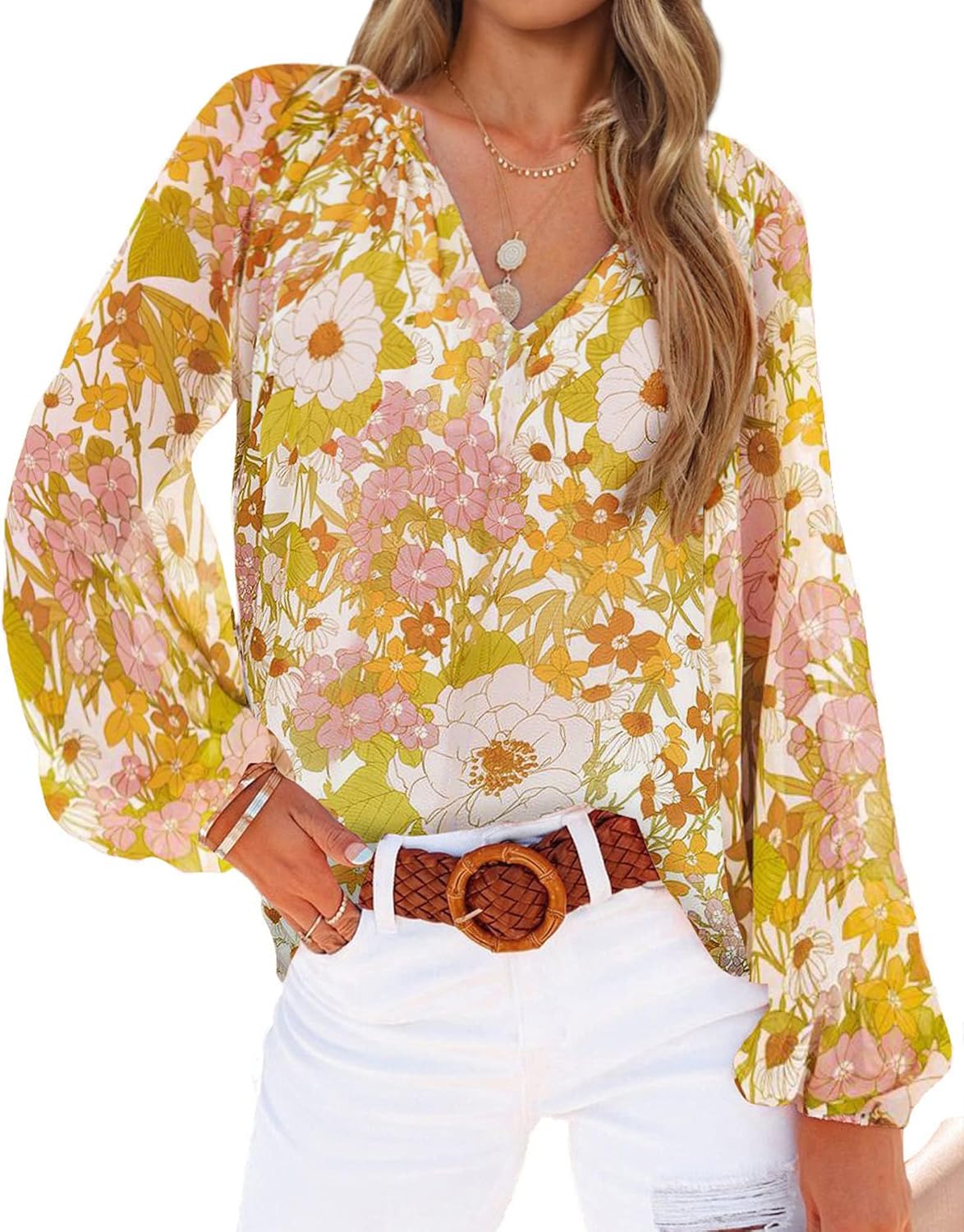 BTFBM Women Casual Boho Blouse Fashion Floral Shirts V Neck Long Puff Sleeve Lightweight Chiffon Summer Fall Tops 2024