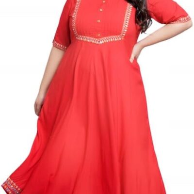 Akiko Women's Anarkali Women Kurta Round Collared Neck Pintucks Long Indian Girls' Kurti for Party, All-Day Wear (Red)