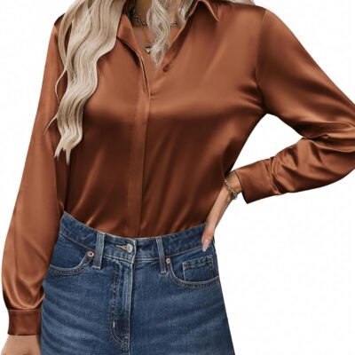 Zeagoo Satin Blouses for Women Casual Long Sleeve Button Down Silk Shirts Dressy Business Work Tunic Top