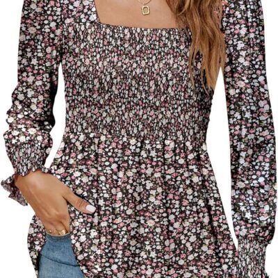 LOMON Blouses for Women Puff Long Sleeve Shirts Square Neck Casual Smocked Tunic Tops 2024 Spring Fall Winter Clothes S-XL