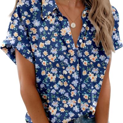 Zeagoo Womens Button Down Shirts Rolled Cuffed Short Sleeve Shirt Cute Collared Summer Casual Work Blouse