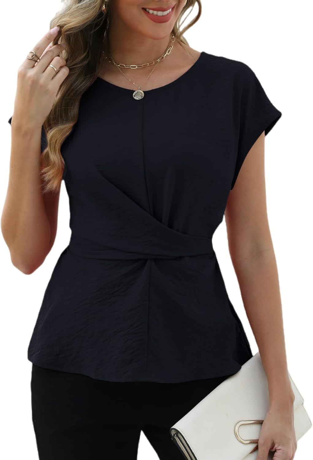 CiCiBird Women Dressy Casual Blouse Work Tie Back Peplum Shirt Trendy Crew Neck Cap Sleeve Tops