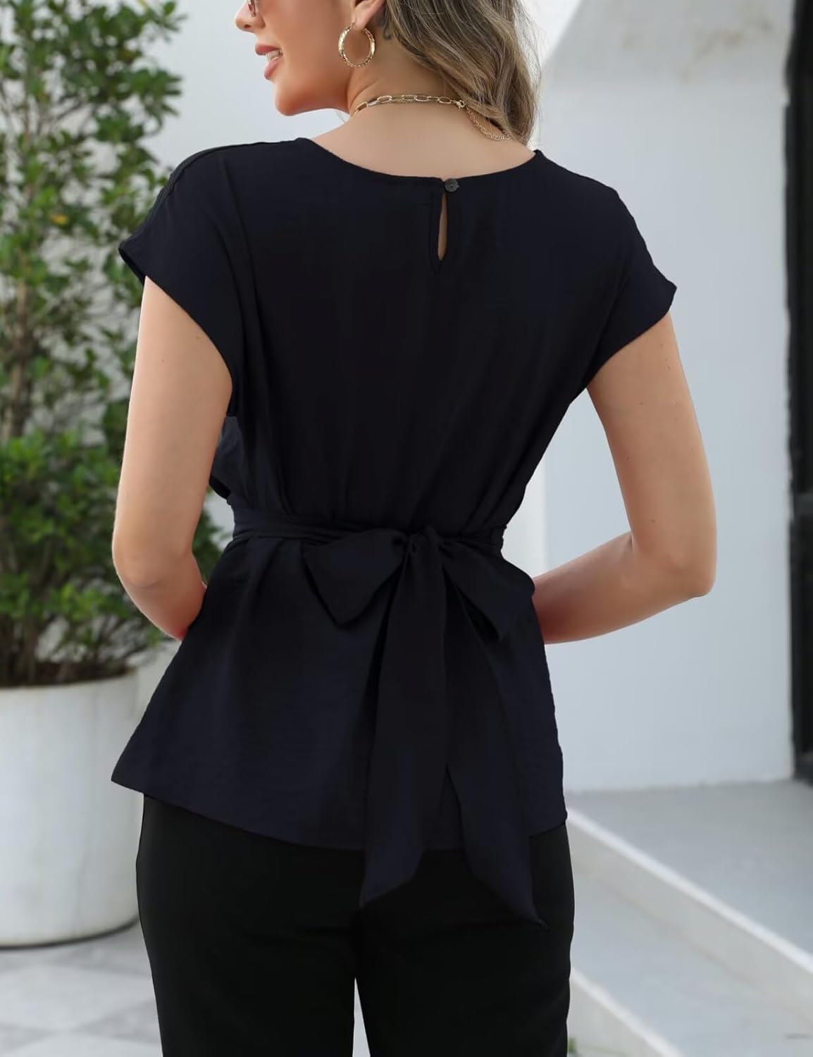 CiCiBird Women Dressy Casual Blouse Work Tie Back Peplum Shirt Trendy Crew Neck Cap Sleeve Tops - Image 2