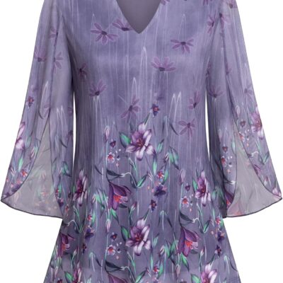 VALOLIA Women's 3/4 Sleeve Floral Tunic Tops V Neck Double Layers Loose Fit Mesh Blouses Shirt