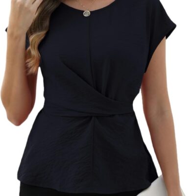 CiCiBird Women Dressy Casual Blouse Work Tie Back Peplum Shirt Trendy Crew Neck Cap Sleeve Tops