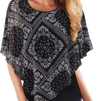 Lotusmile Women's Lightweight Flowy Shirt Double-Layered Printed Chiffon Poncho Blouse Top