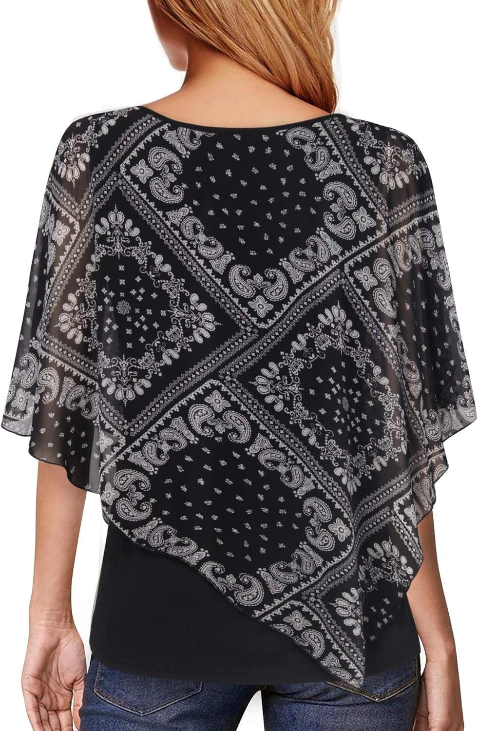 Lotusmile Women's Lightweight Flowy Shirt Double-Layered Printed Chiffon Poncho Blouse Top - Image 2