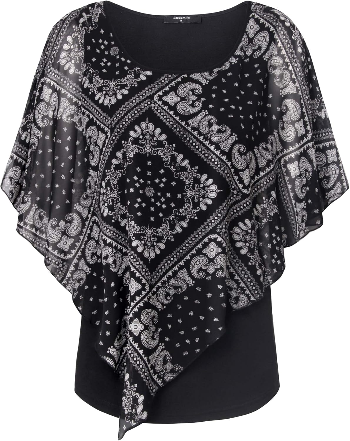 Lotusmile Women's Lightweight Flowy Shirt Double-Layered Printed Chiffon Poncho Blouse Top - Image 3