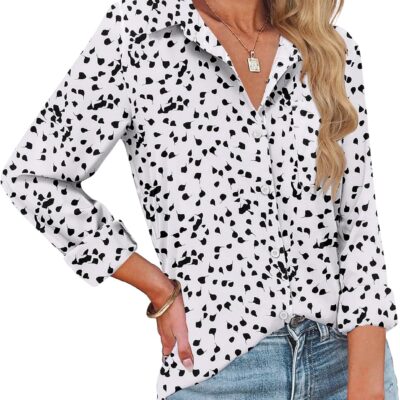 HOTOUCH Womens Button Down Shirts Long Sleeve Dress Shirts Casual V Neck Collared Tops Work Office Blouse with Pocket