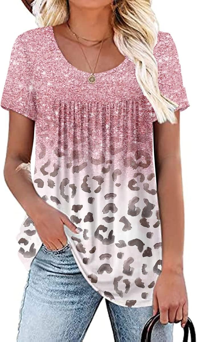 Womens Summer Plus Size Tops Blouses Short Sleeve Shirts Lace Pleated Tunic Tops M-4XL