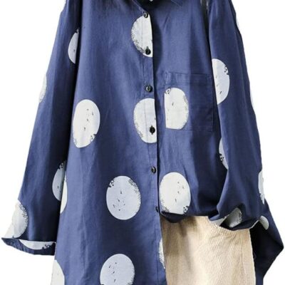Minibee Women's Button Down Tunic Tops Polka Blouse Cotton Shirt