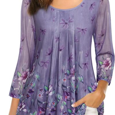 VALOLIA Women's 3/4 Sleeve Tunic Tops Casual Loose Fit Floral Blouses Mesh Pleated Layered Shirt
