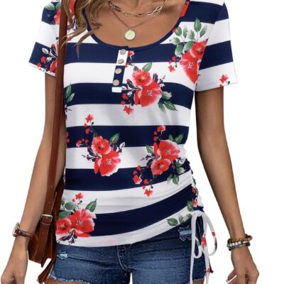 Womens Tops Short Sleeve Summer Henley Shirts Scoop Neck Ruched Button Blouses Dressy Casual Tunic Tops