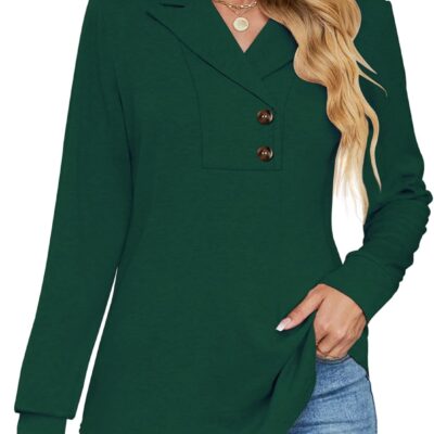 Micoson Women's Long Sleeve Button Lapel Tunic Tops V Neck Business Casual Swing Sweatshirt Pullover