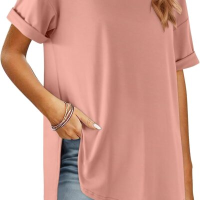 HOTOUCH Womens Oversized T Shirts Crewneck Short Sleeve Workout Blouse Tops Summer Casual Dropped Shoulder Tunic Tee