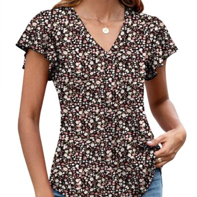 LOMON Womens Tops Dressy Casual Summer Flutter Sleeve T-Shirts Trendy Ruffle Short Sleeve Loose V-Neck Tunic Tops