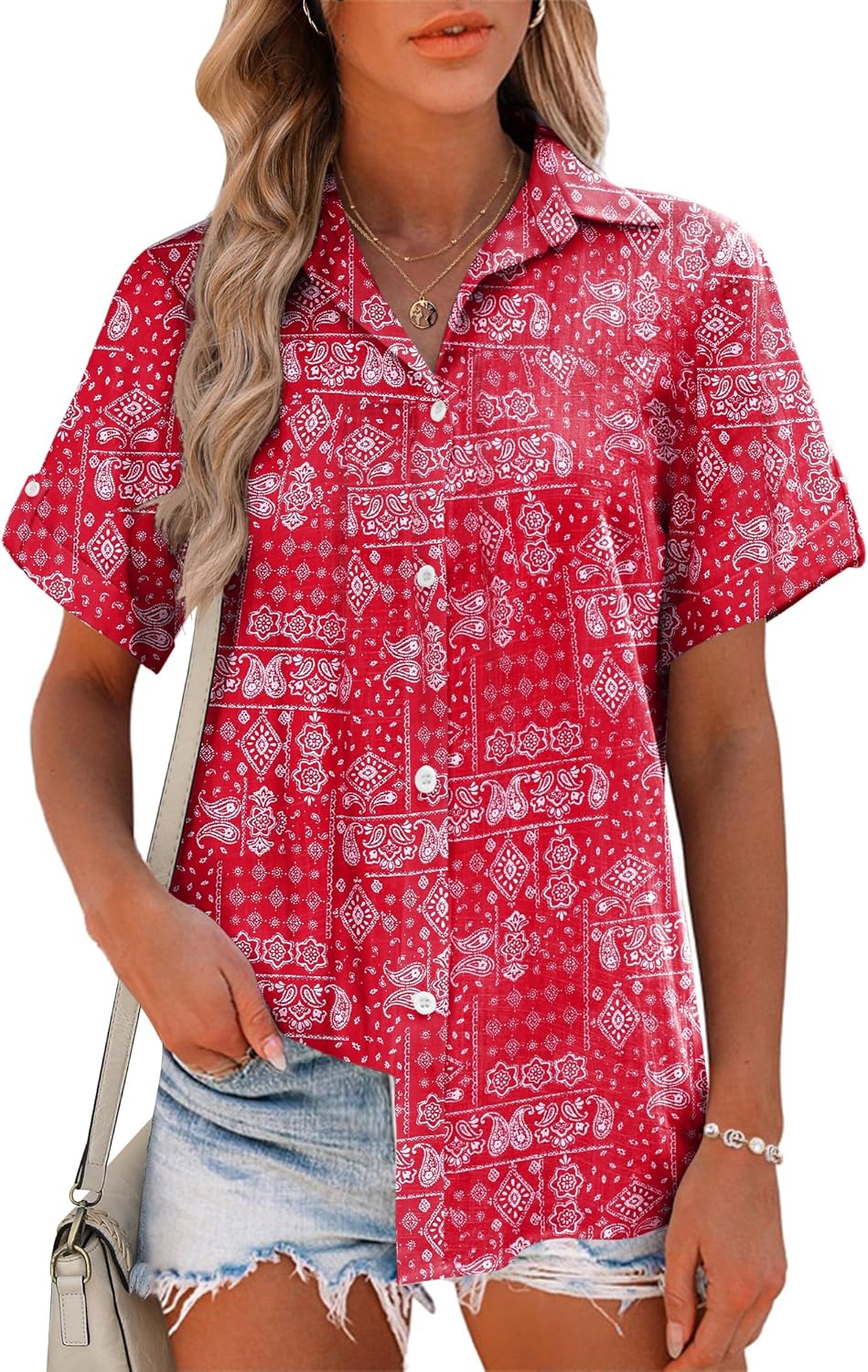 HOTOUCH Button Down Shirt Women Cotton Short Sleeve Blouses V Neck Collared Button Up Summer Beach Tops