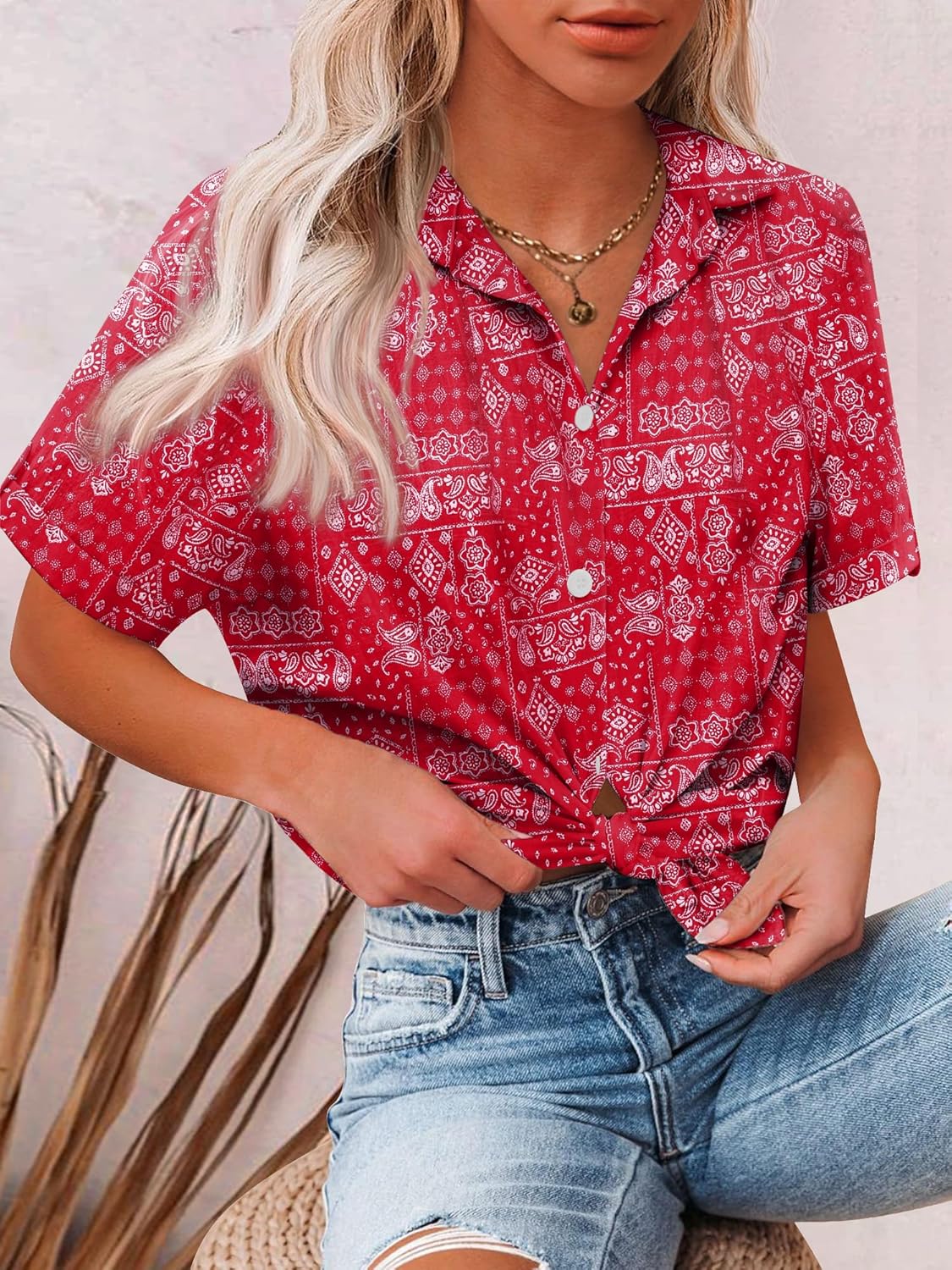 HOTOUCH Button Down Shirt Women Cotton Short Sleeve Blouses V Neck Collared Button Up Summer Beach Tops - Image 3