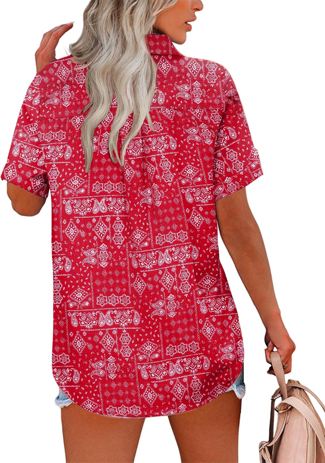 HOTOUCH Button Down Shirt Women Cotton Short Sleeve Blouses V Neck Collared Button Up Summer Beach Tops - Image 4