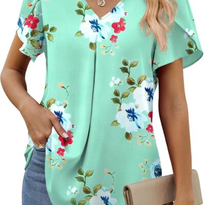 Funlingo Women's Summer Tops Short Sleeve Dressy Chiffon Blouses V Neck Work Tunic Tops Casual Loose T-Shirts
