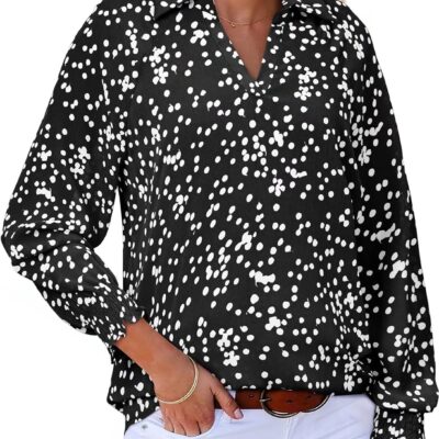 Astylish Women 2025 Casual Polka Dot Blouses Smocked Long Sleeve V Neck Collared Shirts Chiffon Bohemian Tops
