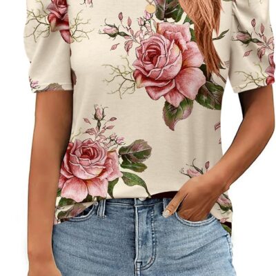 Zeagoo Blouse for Women Dressy Casual Puff Short Sleeve Boho Tops Fashion Floral Crew Neck Tunic Shirts Summer Clothes