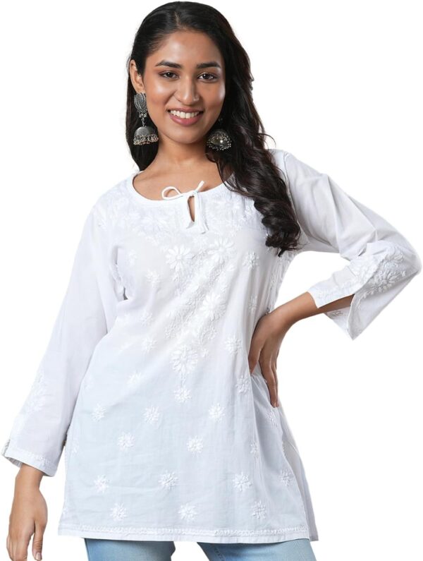 Ada Hand Embroidered Chikankari Indian Wear White Cotton Top Tunic Shirt Kurti for Women A911209