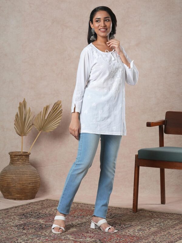 Ada Hand Embroidered Chikankari Indian Wear White Cotton Top Tunic Shirt Kurti for Women A911209 - Image 3