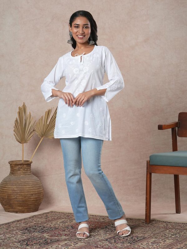 Ada Hand Embroidered Chikankari Indian Wear White Cotton Top Tunic Shirt Kurti for Women A911209 - Image 6