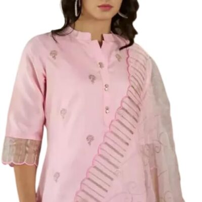 Bollywood Silk Blend Kurta Pant Dupatta Set Indian Women Top Tunic Ethnic Kurti Pink
