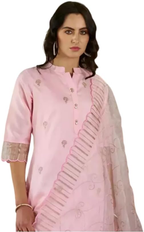 Bollywood Silk Blend Kurta Pant Dupatta Set Indian Women Top Tunic Ethnic Kurti Pink