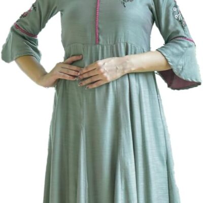 Yash Gallery Women's Poly Viscose Embroidered Calf Langth Round Neck 3/4 Sleeve Indian Anarkali Kurta Dress