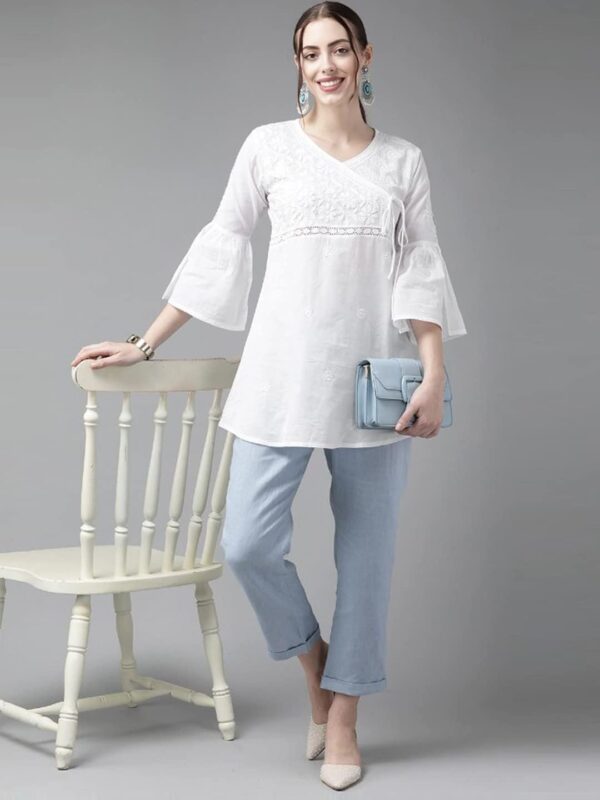 Ada Indian Hand Embroidered Chikankari Angrakha Cotton Tunic Top Kurti for Women A911210 White - Image 6