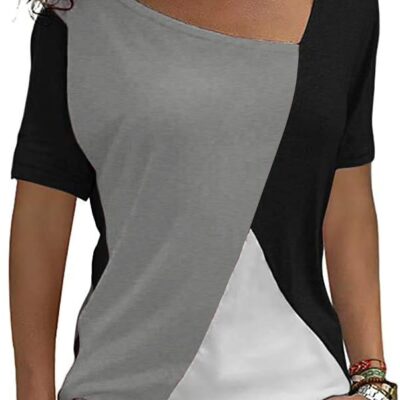 AYIFU Womens Summer Tops Short Sleeve Casual Shirts Asymmetric Neck Color Block Tunic