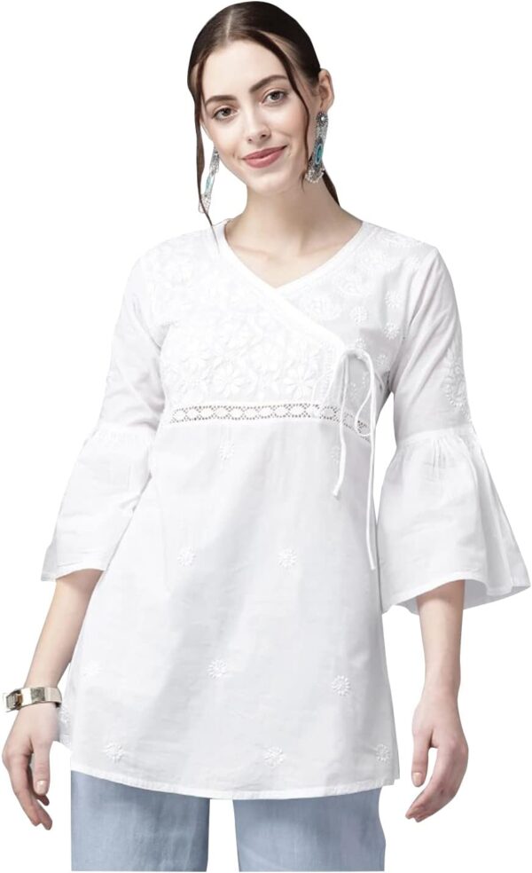 Ada Indian Hand Embroidered Chikankari Angrakha Cotton Tunic Top Kurti for Women A911210 White