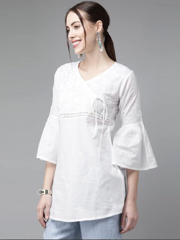 Ada Indian Hand Embroidered Chikankari Angrakha Cotton Tunic Top Kurti for Women A911210 White - Image 4