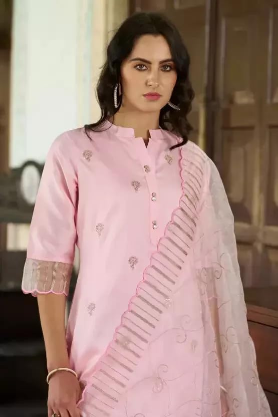 Bollywood Silk Blend Kurta Pant Dupatta Set Indian Women Top Tunic Ethnic Kurti Pink - Image 2