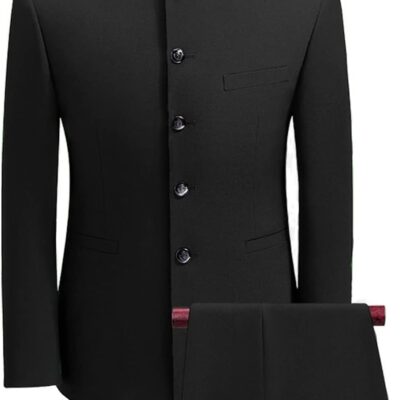 Wangyue Men's Chinese Tunic Suit Stand Collar Slim Fit 2 Piece Suits Front Button Blazer Pant Set