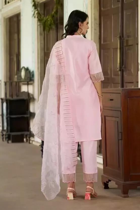 Bollywood Silk Blend Kurta Pant Dupatta Set Indian Women Top Tunic Ethnic Kurti Pink - Image 3