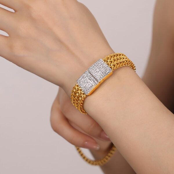 18K gold mesh bracelet set with moissanite diamonds, handcrafted to showcase female personality and charm - Image 3