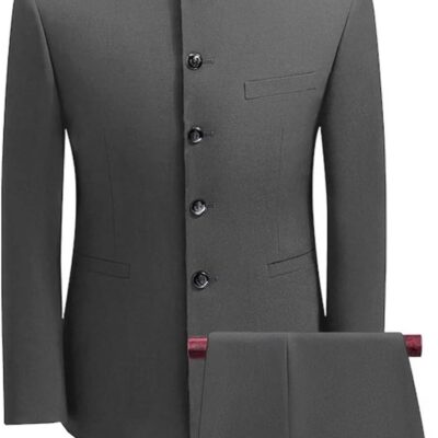 Wangyue Men's Chinese Tunic Suit Stand Collar Slim Fit 2 Piece Suits Front Button Blazer Pant Set