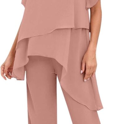 BONOYUER 2 Pieces Mother of The Bride Pant Suits for Women Dressy Wedding Chiffon Mother of The Groom Dress with Sleeves